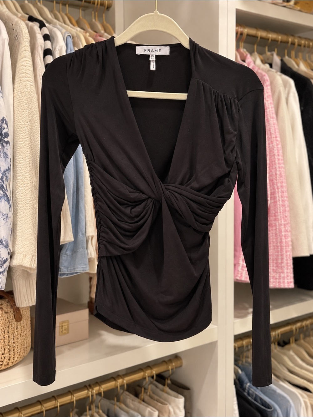 Frame Black Long-Sleeve Twist Knot Top Size XS